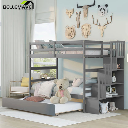 Bellemave Twin over Twin Stairway Bunk Bed with Trundle Wooden Bunk Bed Frame with Guardrails and Staircase, Twin Size Bunk Bed with Storage Stairs for Kids, Teens, Gray