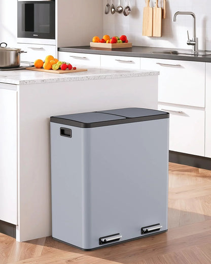 LAZY BUDDY Dual Garbage Can, Stainless Steel 16 Gallon Step Kitchen Trash Can with Soft-Close Lid, Double Compartment Garbage Recycling Bin