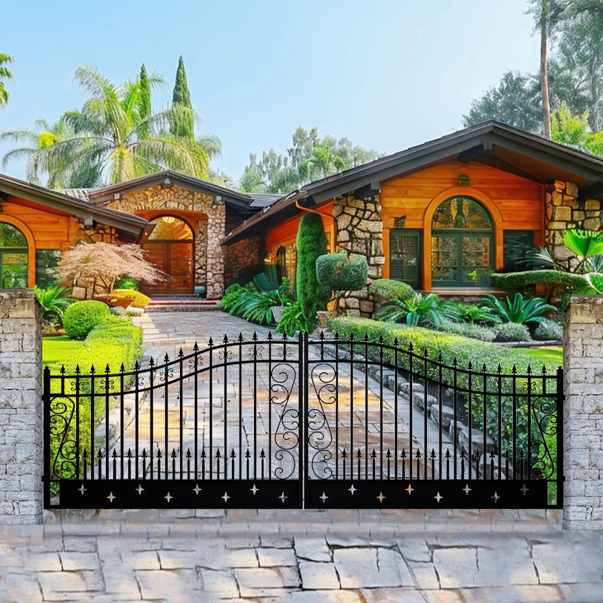 Outdoor Dual Swing Wrought Iron Gate for Driveway, Security Gate, Outdoor Fence Gate, Vienna Style for Yard, Backyard Patio�� 20'Star��