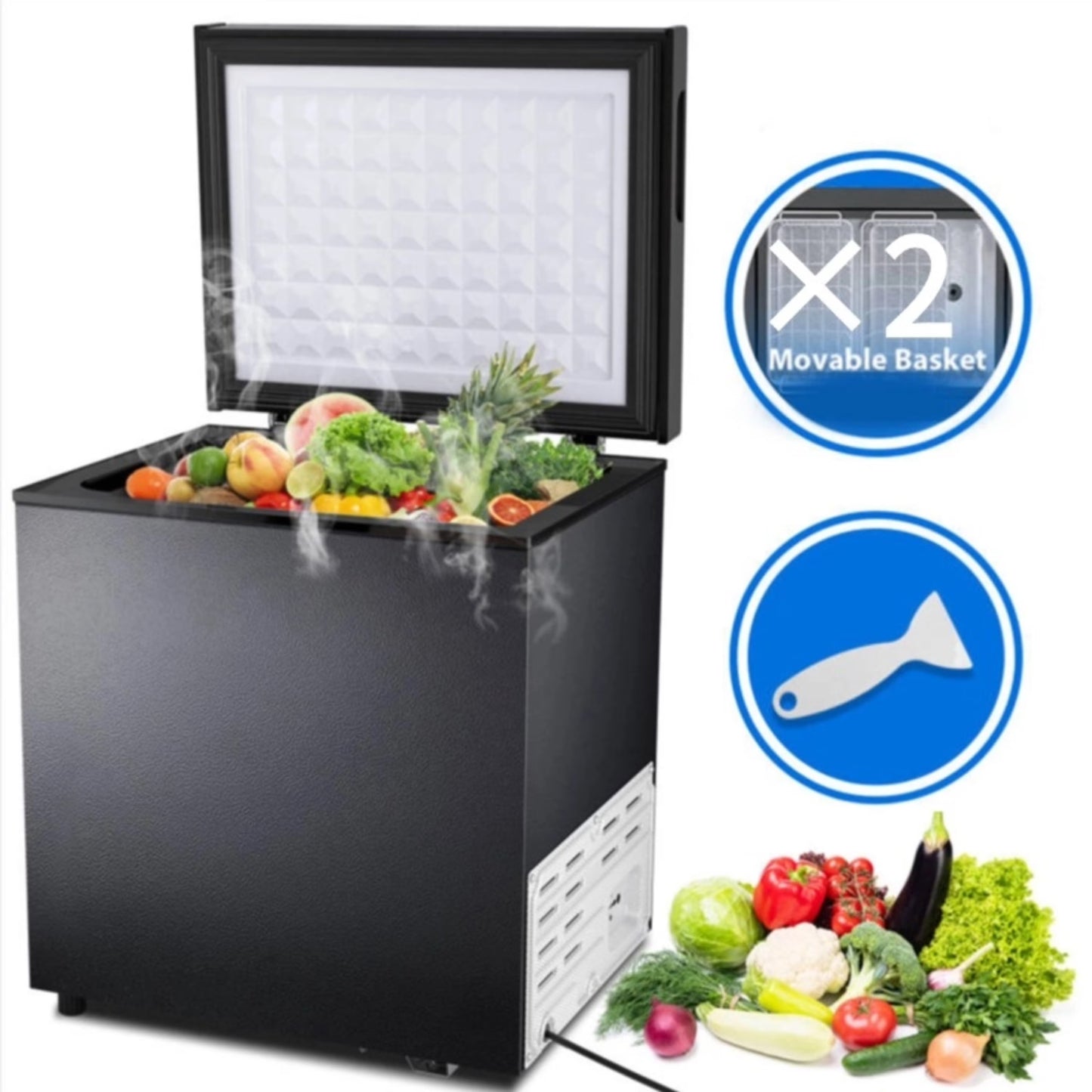 Auseo 2.5 cu. ft. Chest Freezer with 2 baskets Free Standing Top open Door Deep Compact Freezer Suitable for Home/RV/Kitchen/Office-Black