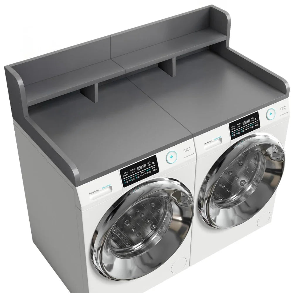 Modern Washer Dryer Countertop with 2-Tier Shelf,Laundry Room Countertop Organization Storage with 2.75" H Guard Edge Rails,Non-Slip Pad,Waterproof and Easy to Clean,54"W x 27.55"D,Natural Wood