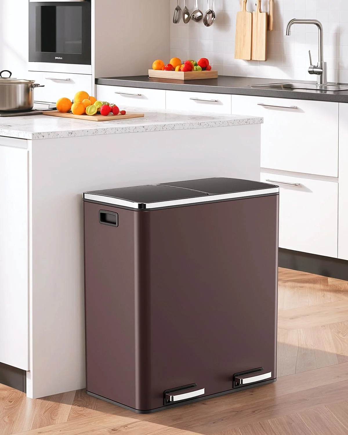 LAZY BUDDY Dual Garbage Can, Stainless Steel 16 Gallon Step Kitchen Trash Can with Soft-Close Lid, Double Compartment Garbage Recycling Bin