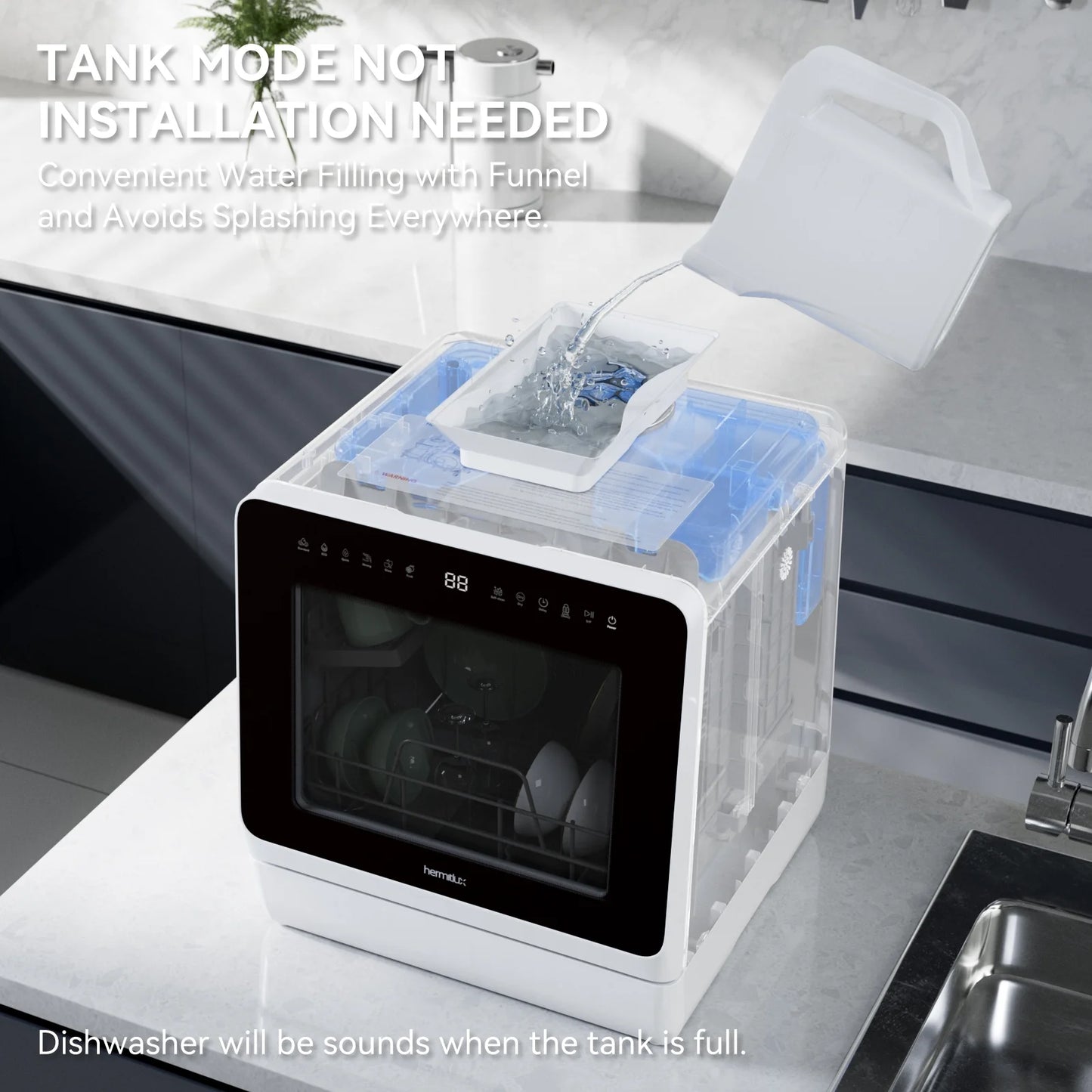 Hermitlux Portable Countertop Dishwasher, 5 Washing Programs, 5L Built-in Water Tank and Air-Dry Function, HMX-DW03