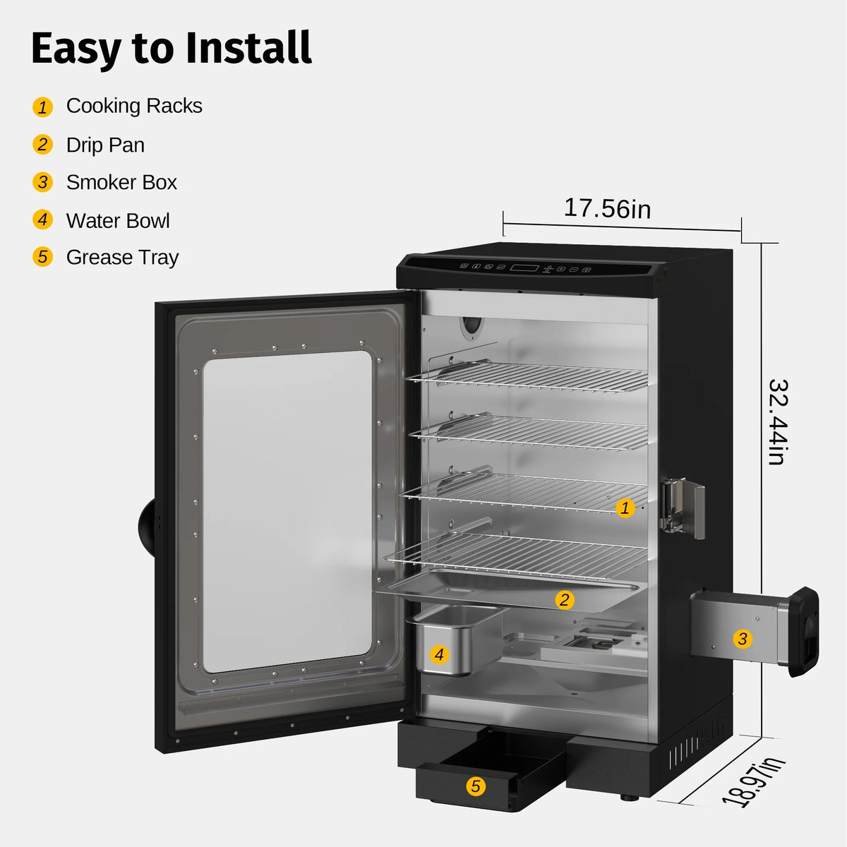 EAST OAK Updated 30" 725 Sq inches Electric Smoker Portable with Glass Door Black