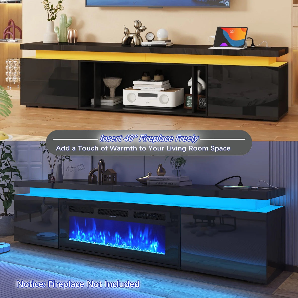 Blotout High Gloss LED TV Stand for up to 80" TVs /40" Electric Fireplace, 71" Large Entertainment Center Console Table with Power Charging Station