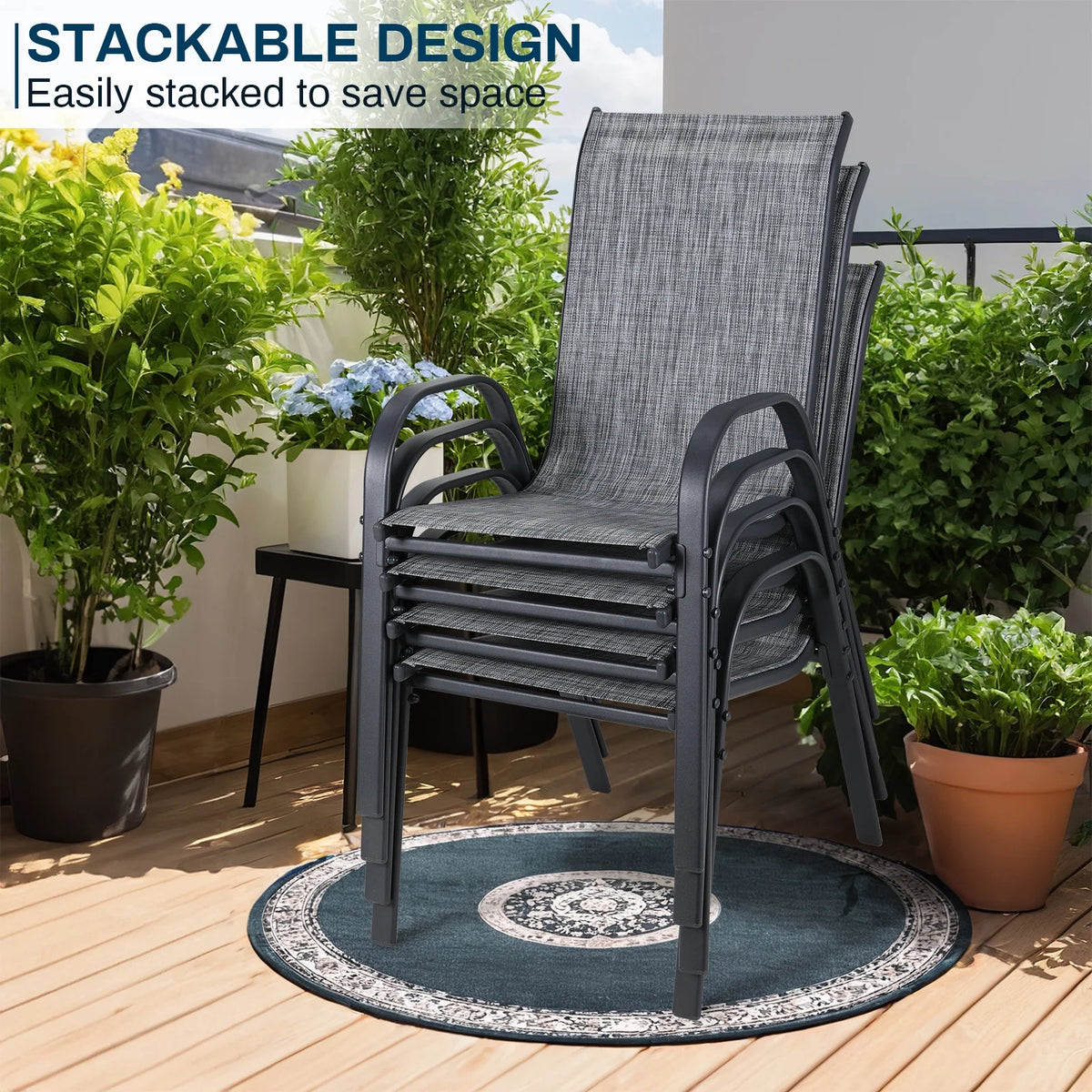 LAZY BUDDY Patio Chairs Set of 4, Stackable Outdoor Dining Chairs, Heavy Duty Breathable Chairs for Backyard, Garden, Lawn 330lbs