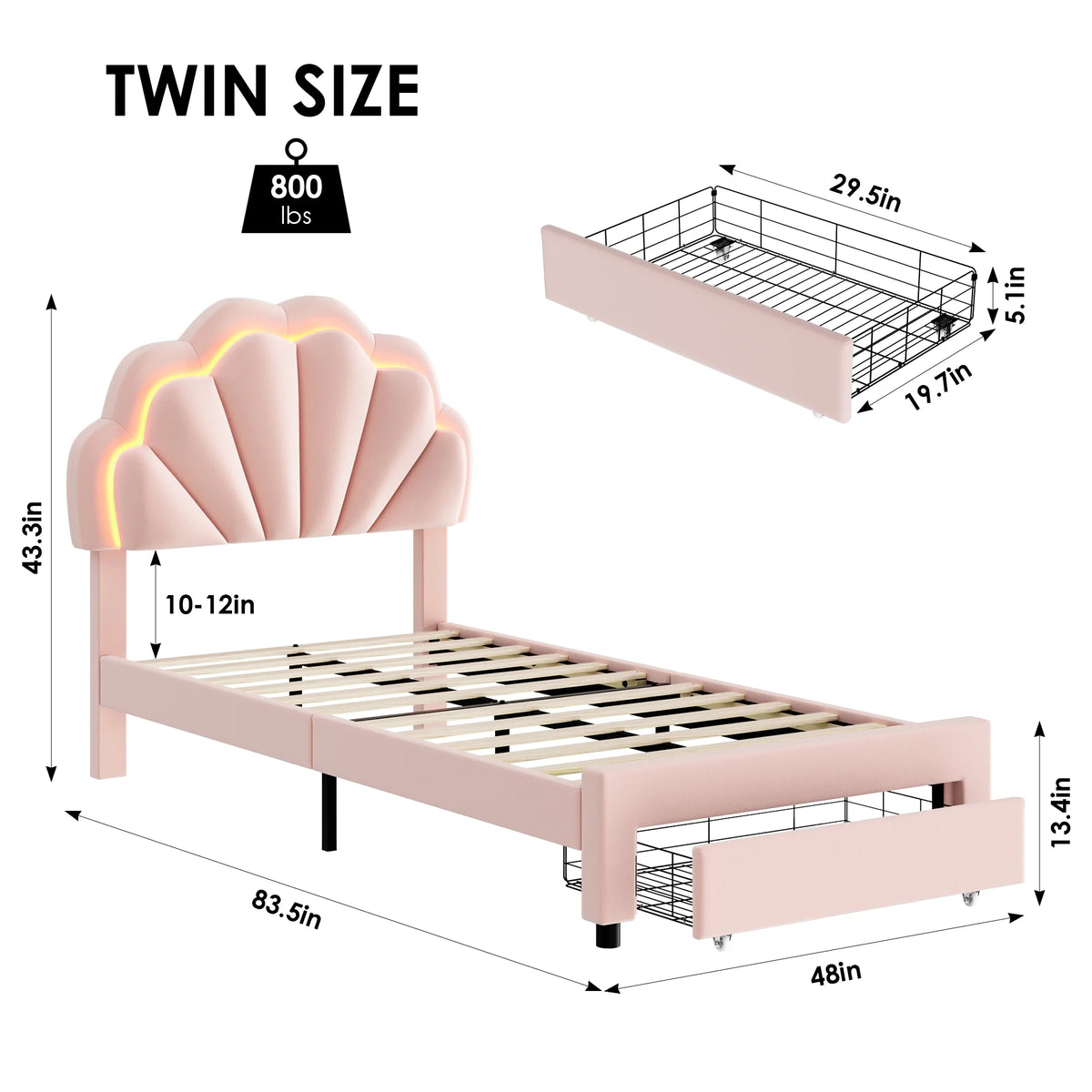 Homfa Twin Bed Frame with Storage & LED Light, Velvet Upholstered Platform Twin Bed with Adjustable Petal Headboard, Beige