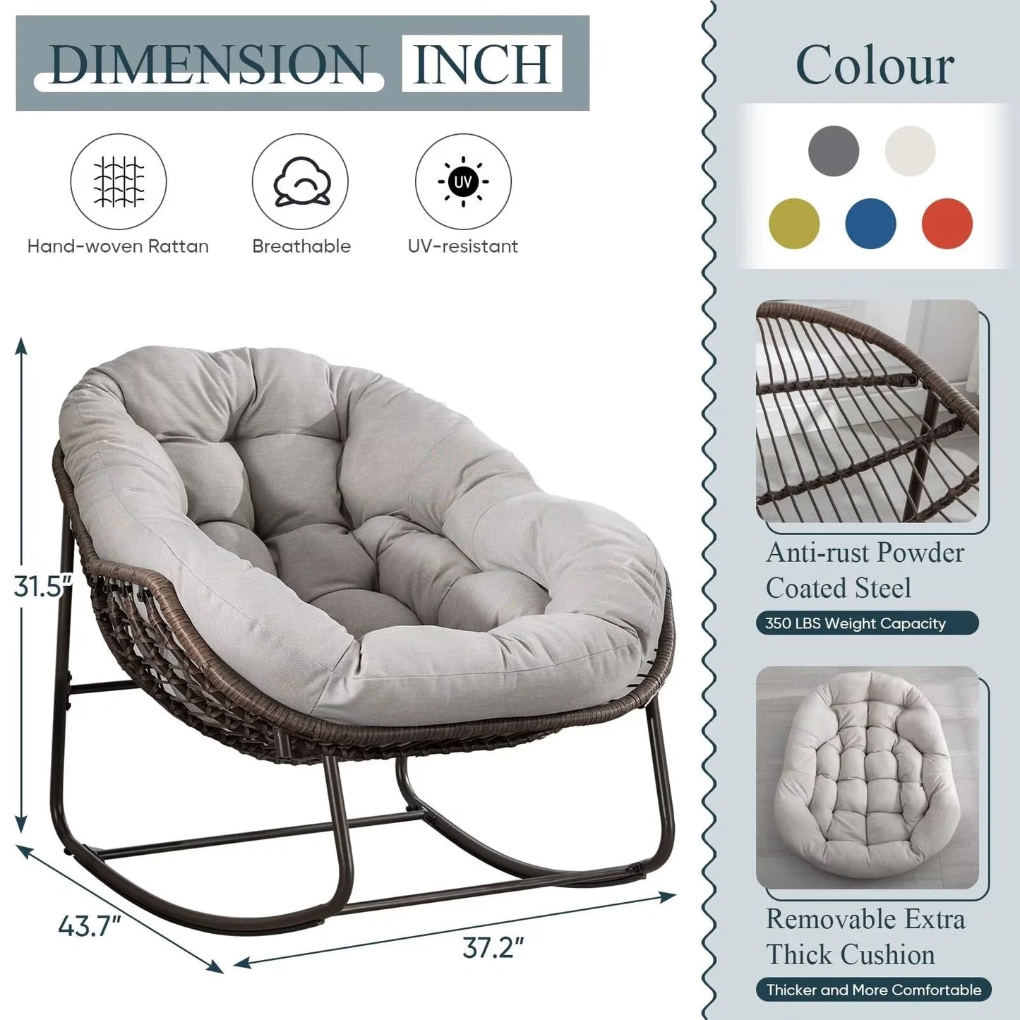 Outdoor Papasan Rocking Chair, Patio Oversized Wicker Egg Rocking Chair, Indoor & Outdoor Comfy Rocker Chair with Thick Cushion, Modern Lounge Chair for Front Porch, Garden, Backyard, Grey