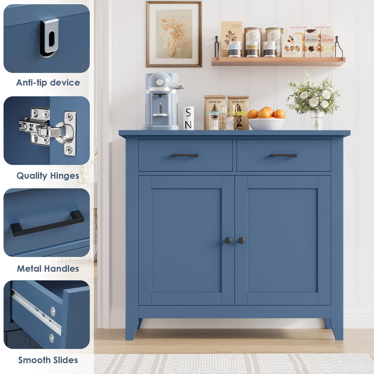 Homfa Entryway Cabinet, Kitchen Storage Cabinet, Farmhouse Buffet Sideboard with 2 Drawers and 2 Doors,Coffee Bar with Storage for Dining Room Living Room,White
