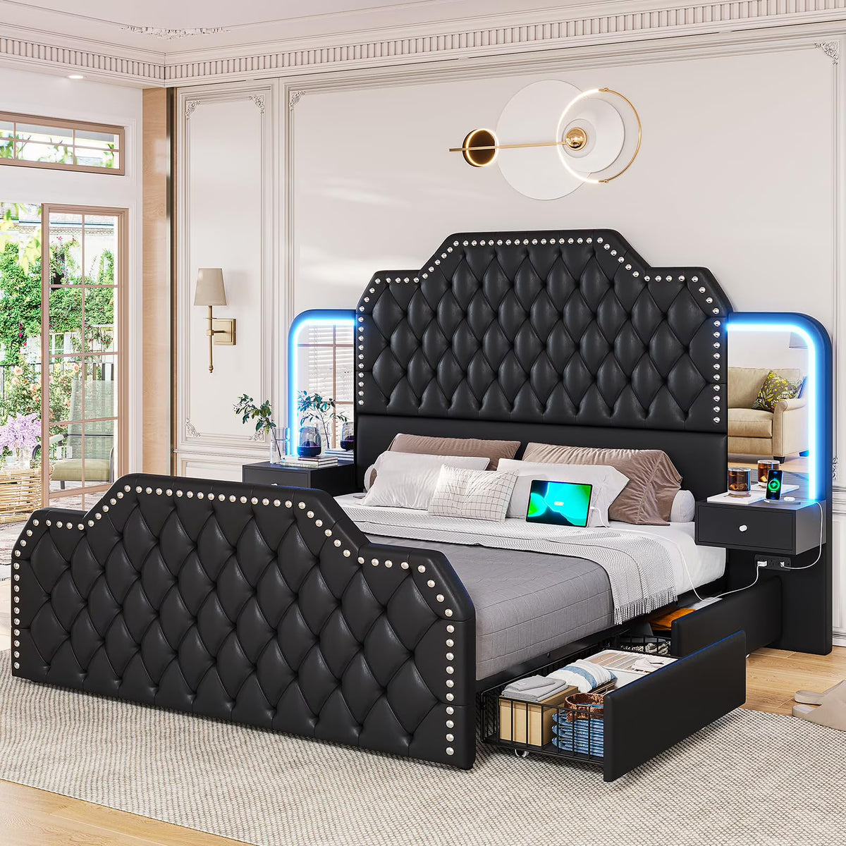 Queen Bed Frame with 2 Nighstands, Power Outlets and 4 Drawers, Upholstered Bed with Vanity Tables and Mirrors, Modern Velvet Tufted Platform Bed with Headboard & Footboard, Black