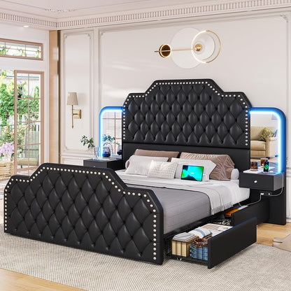 Queen Bed Frame with 2 Nighstands, Power Outlets and 4 Drawers, Upholstered Bed with Vanity Tables and Mirrors, Modern Velvet Tufted Platform Bed with Headboard & Footboard, Black