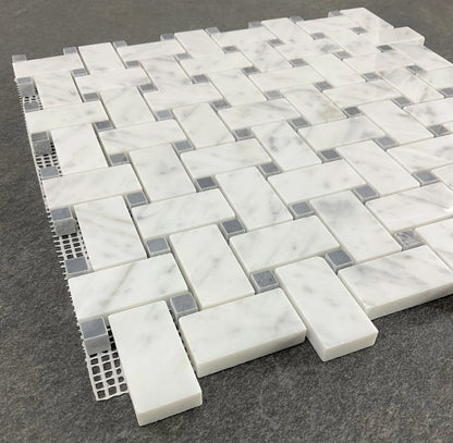 10 Sheets of 1" x 2" White Cararra and Gray Dot Basketweave Marble Mosaic Wall & Floor Tile