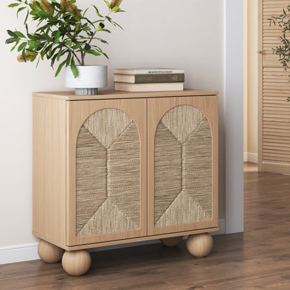 Nathan James Leah Boho Entryway Storage Cabinet or Sideboard Cabinet for Kitchen or Living Room with Ball-Style Feet, Natural Seagrass Door Fronts and Solid Wood Legs, Raw Oak