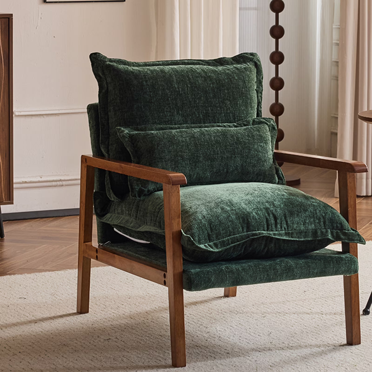 Ktaxon Chenille Accent Chair, Solid Wood Armrests Armchair, Metal Frame for Stability, Single Sofa with Comfortable Cushions and Lumbar Pillow Beige