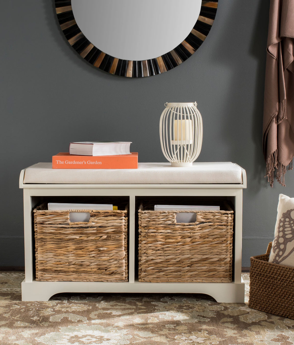SAFAVIEH Freddy Contemporary Wicker Storage Bench with Cushion, Vintage Grey