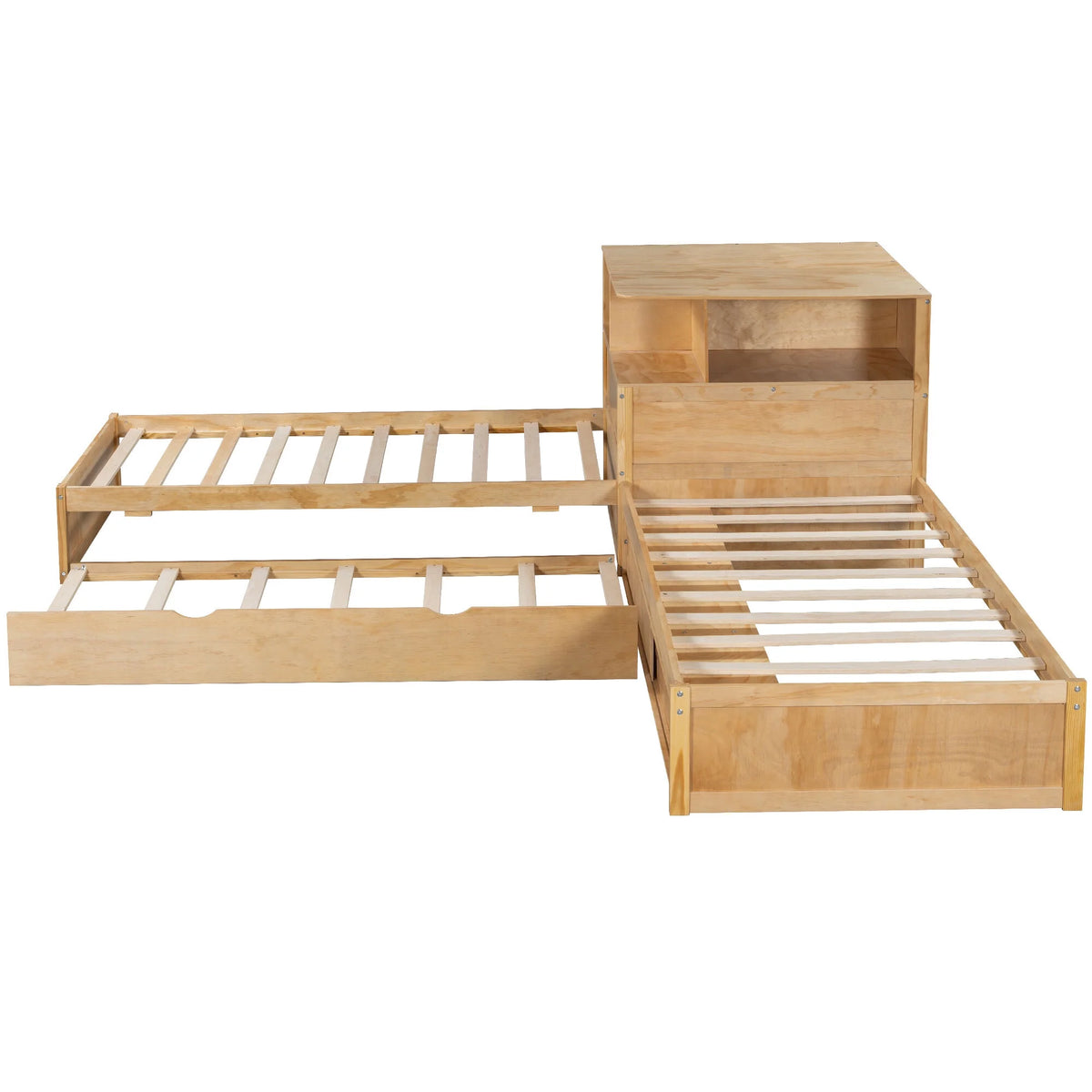Euroco Pine Wood L-Shaped Twin Platform Bed with Storage Desk, Cabinets, Trundle and LED Light for Kids Teens, Gray