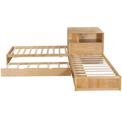Euroco Pine Wood L-Shaped Twin Platform Bed with Storage Desk, Cabinets, Trundle and LED Light for Kids Teens, Gray