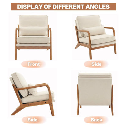 Accent Chairs, Single Linen Lounge Reading Armchair with Solid Wood Frame, Mid Century Modern Easy Assembly Arm Chairs for Living Room-Beige