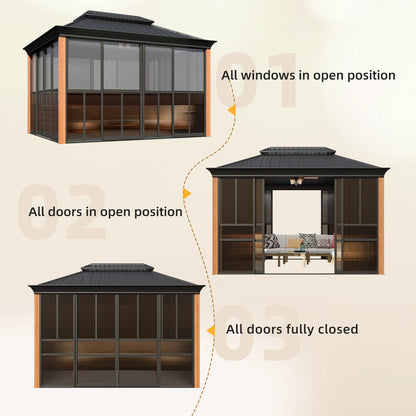EROMMY 10'x 12' Sunroom, with Front Door, Side Entrance, Galvanized Steel Double Top, Wood Grain Appearance, Aluminum Alloy Frame, Solarium Backyard Sun Room