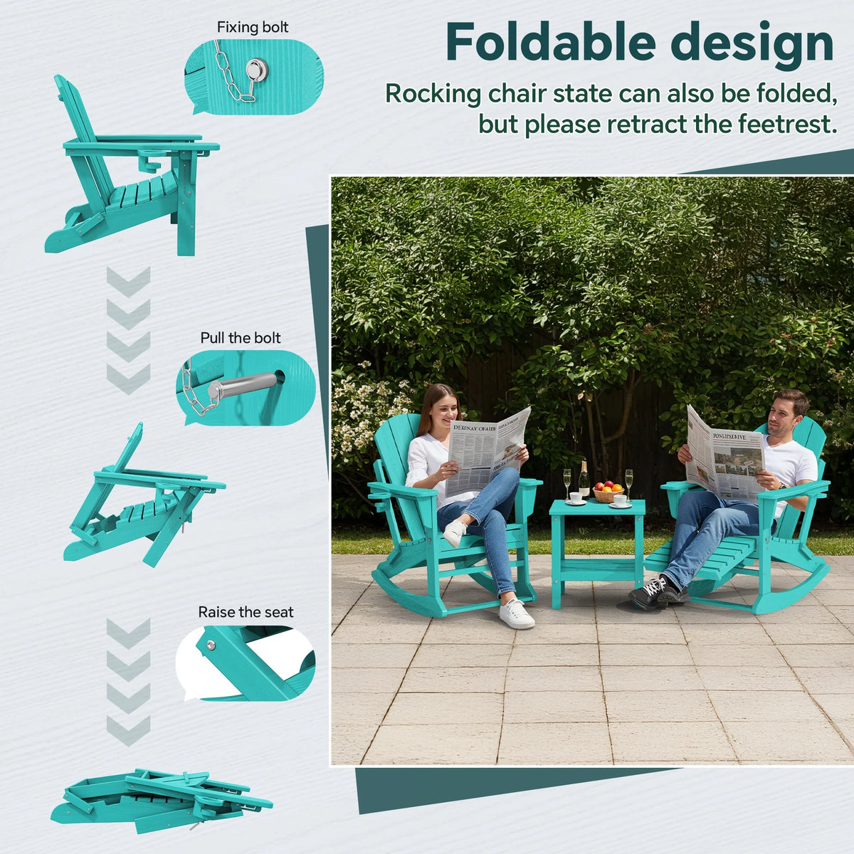 KINGYES Folding Adirondack Rocker Chair Set of 2 W/ Footrest & Dual Cup Holders, HDPE Outdoor Patio Rocking Chair, Black