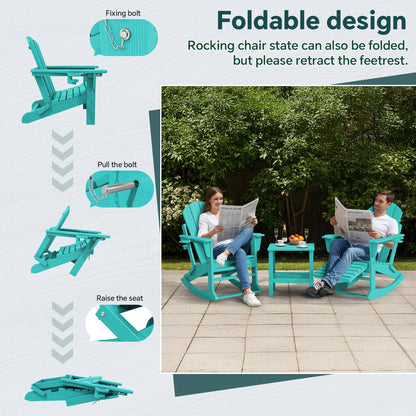 KINGYES Folding Adirondack Rocker Chair Set of 2 W/ Footrest & Dual Cup Holders, HDPE Outdoor Patio Rocking Chair, Black