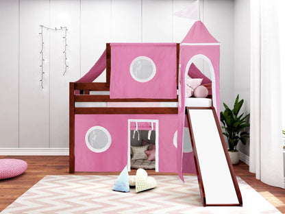 JACKPOT! Castle Low Loft Bed with Slide, Red Yellow and Blue Tent and Tower, Twin, Cherry