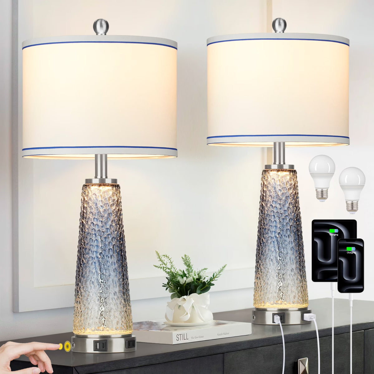 Cinkeda Modern Table Lamp Set of 2 for Bedroom Living Room with USB A+C Ports AC Outlet Gradient Grey Glass Nightlight Nightstand Bedside Lamps