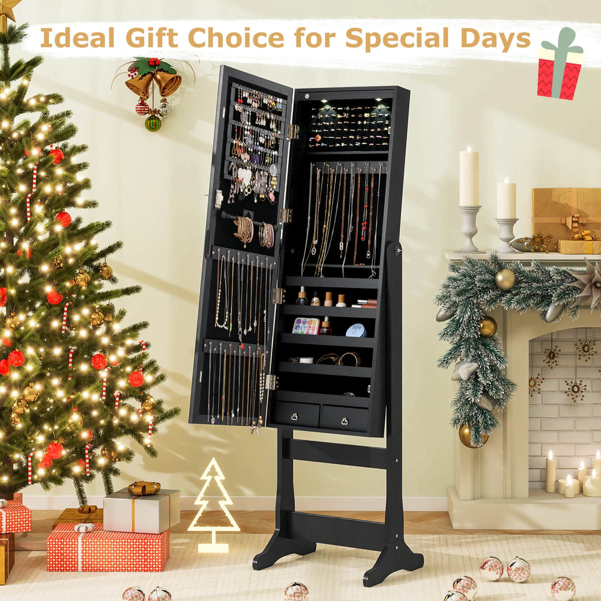 Costway Contemporary MDF Jewelry Cabinet with LED Lights in Brown