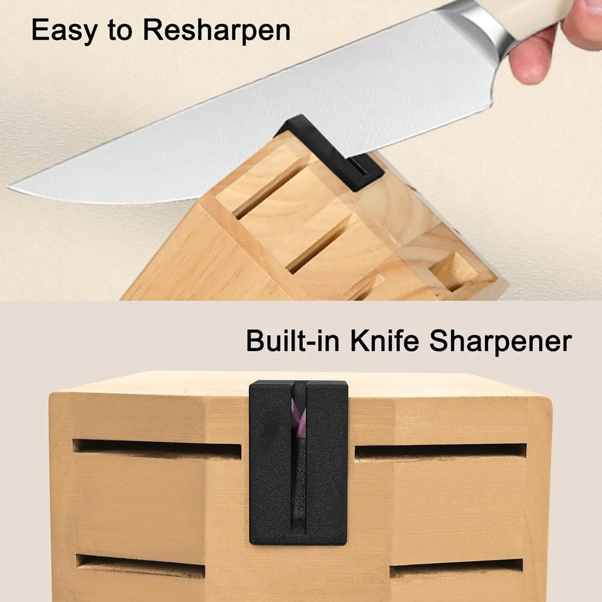 Ivory Knife Block Set (15-PCS) �C High Carbon Stainless Steel, Built-in Sharpener, Forged Chef Blades