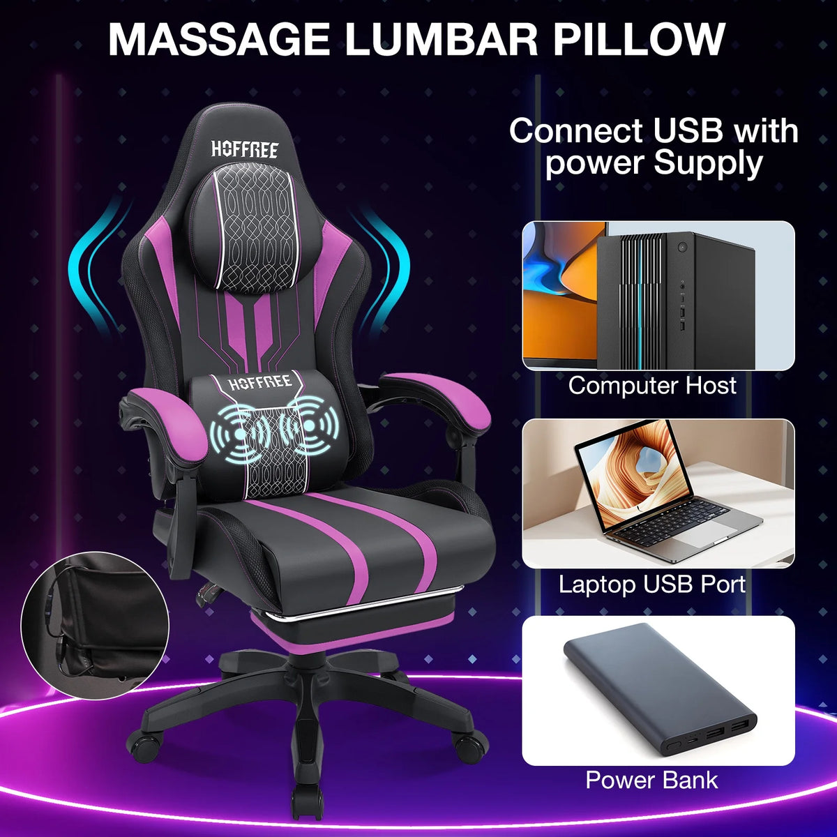 HOFFREE Big and Tall Gaming Chair with Speakers and RGB Lights, Gamer Chair with Footrest, Lumbar Support Height Adjustable 360-Swivel Seat and Headrest for Adults, 400lbs