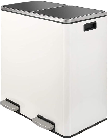 LAZY BUDDY Dual Garbage Can, Stainless Steel 16 Gallon Step Kitchen Trash Can with Soft-Close Lid, Double Compartment Garbage Recycling Bin