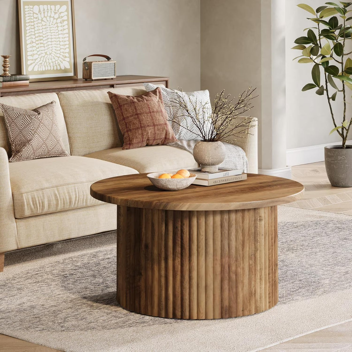 Finmind 31.5" Round Coffee Table, Farmhouse Circle Coffee Table with Metal Base