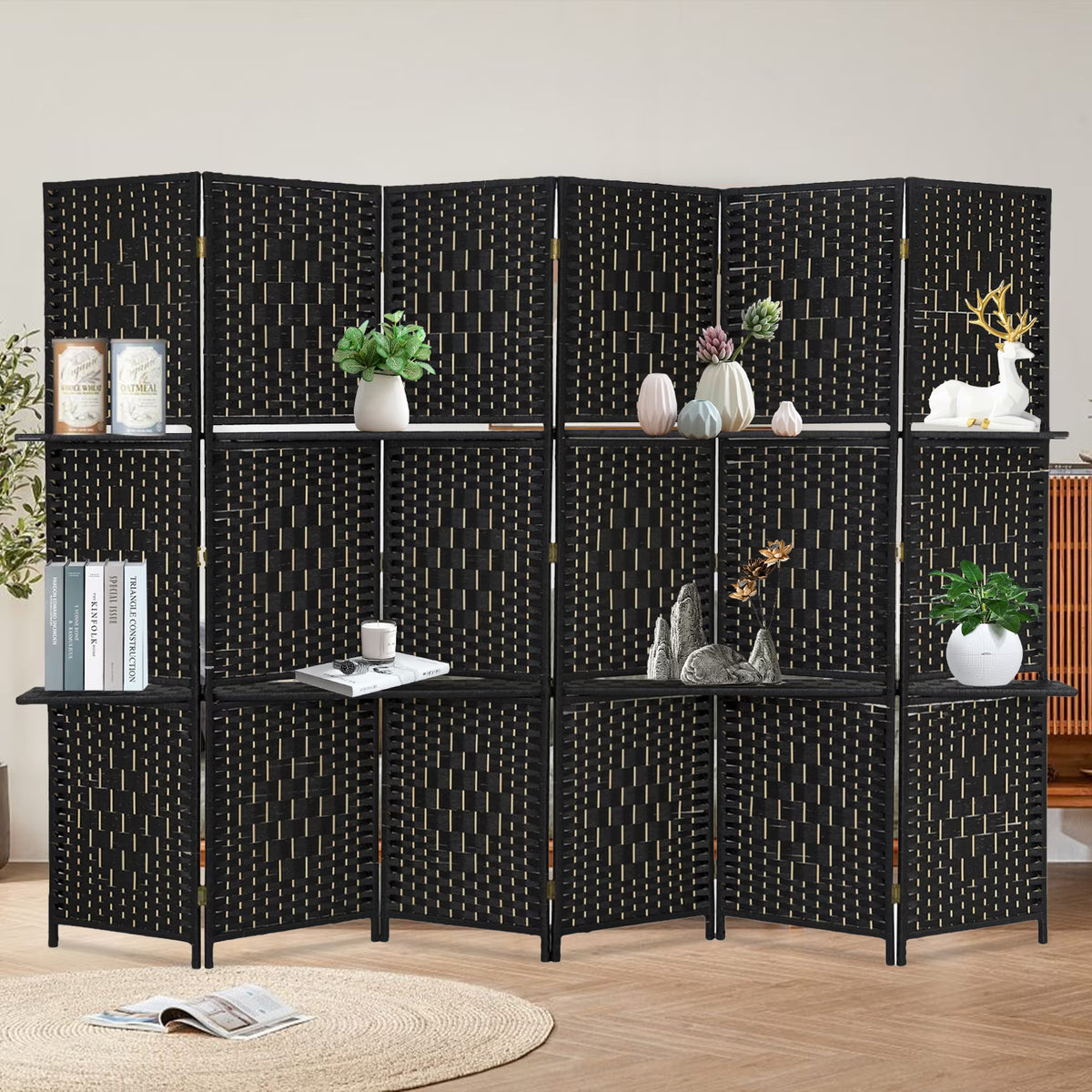 Dkelincs 6 Panel Wood Room Dividers Portable Folding Privacy Screen with Removable Storage Shelves, Brown