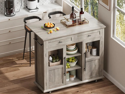 WALYWIK Foldable Kitchen Island Cart with Wheels, 2 Glass Doors, Spice Rack & Towel Holder �C Compact Mobile Storage Cart for Small Kitchens, Dining Rooms, Camping & RVs - Grey