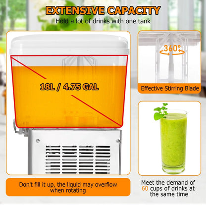 TROPOW Commercial Beverage Dispenser, 2 Tanks ,Juice Dispenser, 380W Stainless Steel Food Grade Lemonade Dispenser With Thermostat Controller, Drink Dispensers for Parties Restaurant