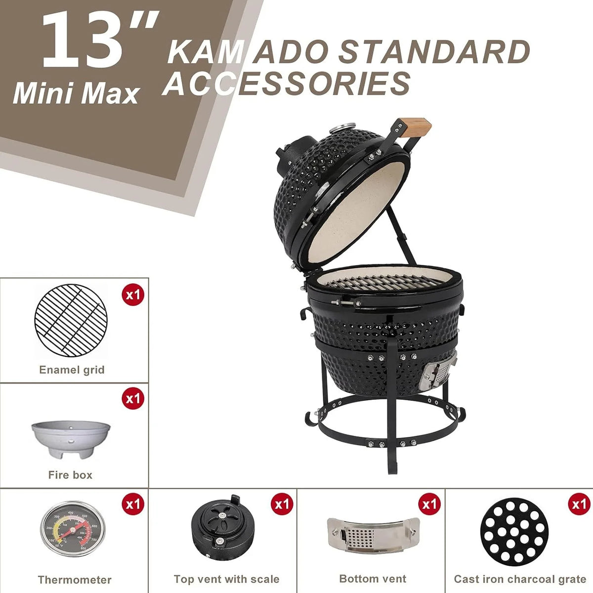 ZZJP Ceramic Grill, 13" Round Kamado Charcoal Grill, Portable Barbecue Grill with Thermometer for Variations on Cooking Methods(Black)