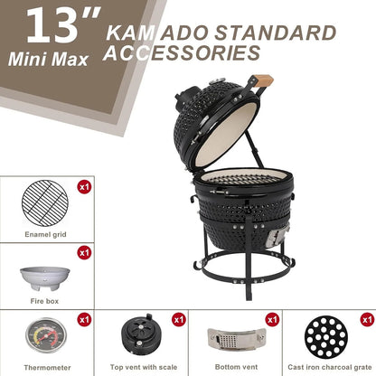 ZZJP Ceramic Grill, 13" Round Kamado Charcoal Grill, Portable Barbecue Grill with Thermometer for Variations on Cooking Methods(Black)