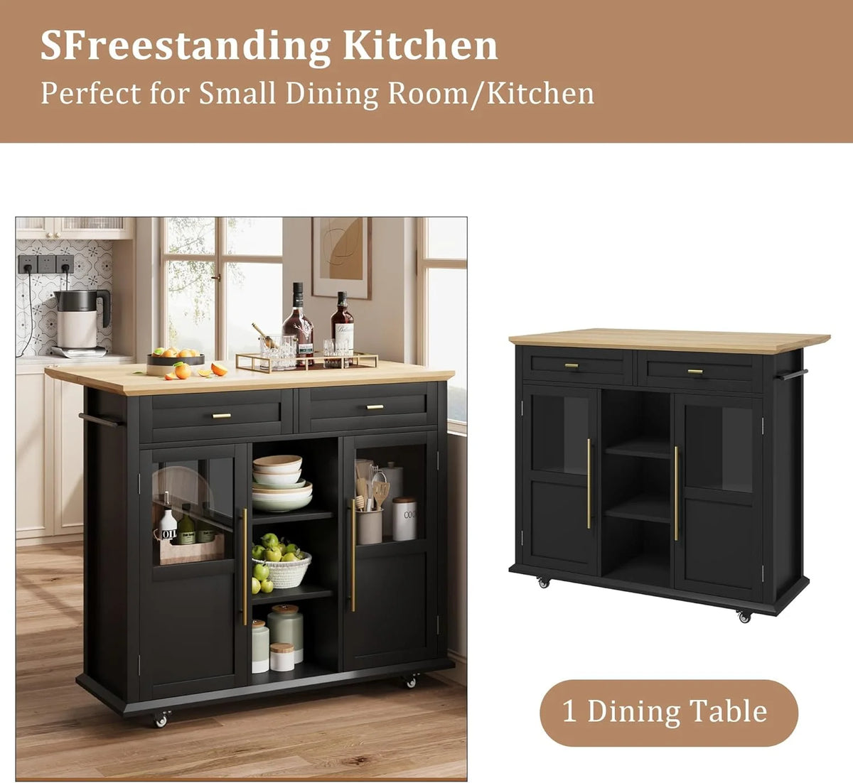 WALYWIK Foldable Kitchen Island Cart with Wheels, 2 Glass Doors, Spice Rack & Towel Holder �C Compact Mobile Storage Cart for Small Kitchens, Dining Rooms, Camping & RVs - Grey