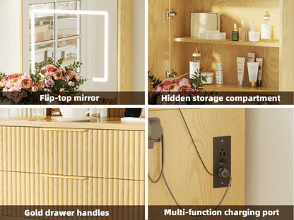 UGTOO 45.2" Modern Vanity Desk with LED Mirror & USB Charging, Wood Makeup Dressing Table with 7 Drawers for Bedroom
