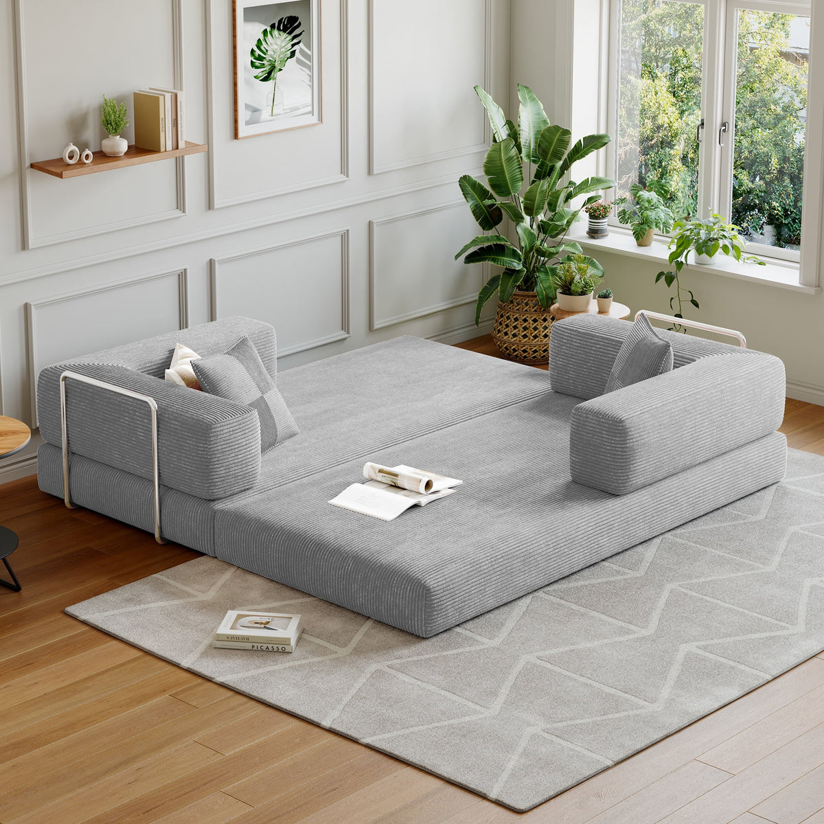 Convertible Sleeper Sofa Bed,Compressed Floor Boneless Couch,Modular Modern Corduroy Sofa for Living Room Bedroom -with Fixed-Shape Frame and Support Armrest,Easy Assembly(Green)