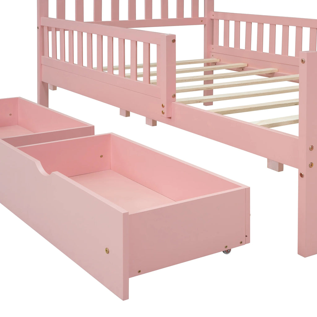 Bellemave Twin Bed with Storage Drawers and Fence Rails, Wood Platform Beds Frame with Headboard, Twin Size Storage Bed for Kids Boys Girls Teens��White)