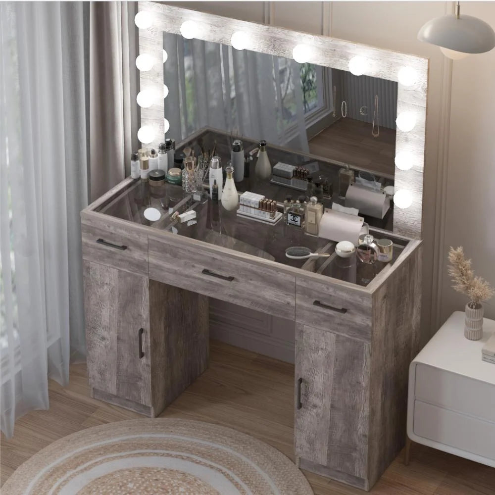 Ktaxon Large Makeup Vanity, Vanity Table Set w/ Visible Glass Top w/ Charging Station, White