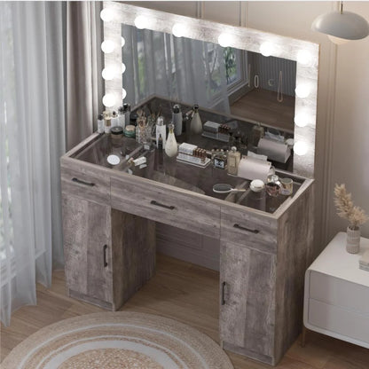 Ktaxon Large Makeup Vanity, Vanity Table Set w/ Visible Glass Top w/ Charging Station, White