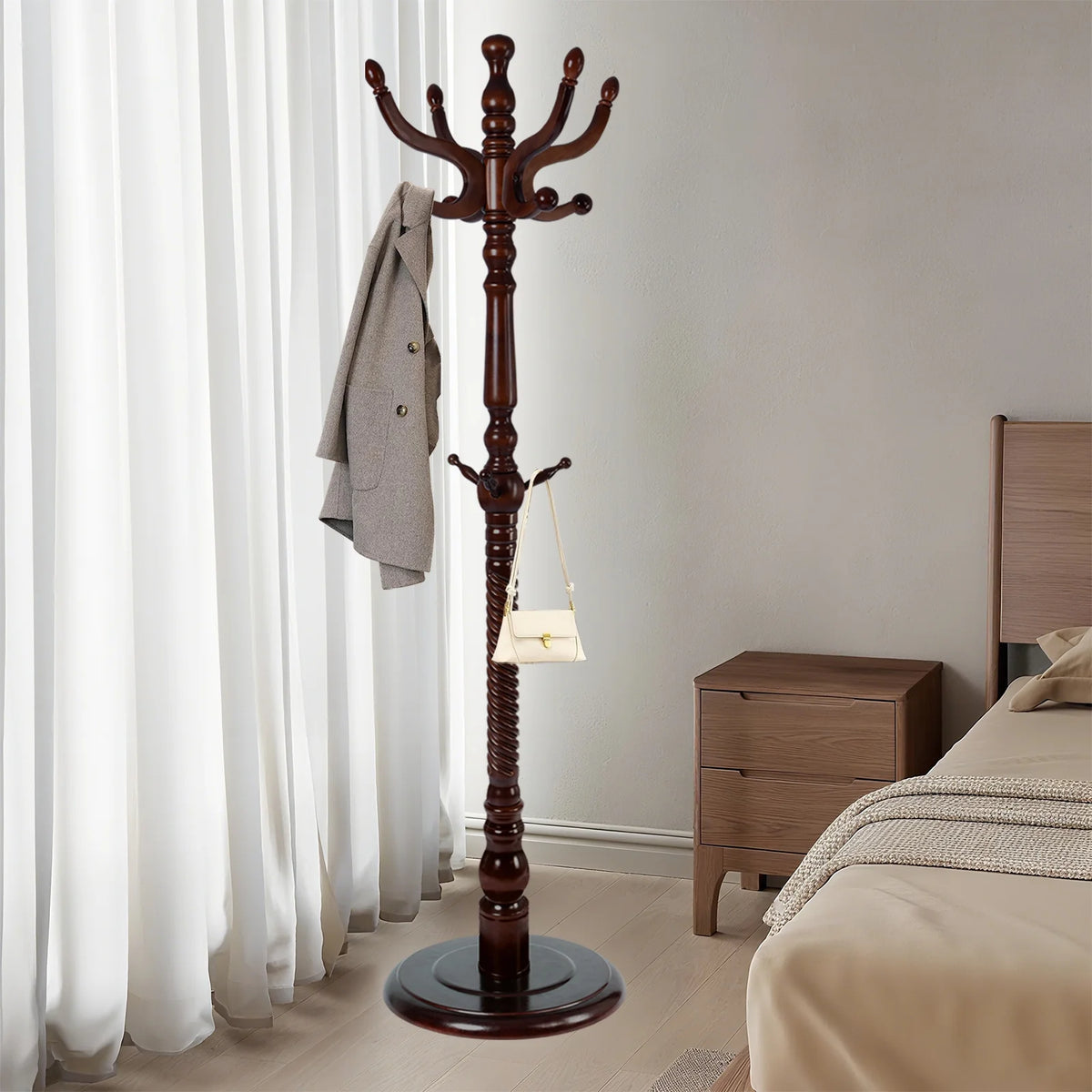 Coat Rack Freestanding, Hall Tree with 11 Hooks, Heavy Duty Wooden Coat Tree Stand, Adjustable Height, Sturdy Base for Bedroom Hallway Office - Load 270lbs