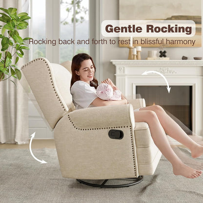 Royalcraft Swivel Nursery Glider Recliner, Comfy Upholstered Glider Chair with Lumbar Pillow and Footrest, Beige