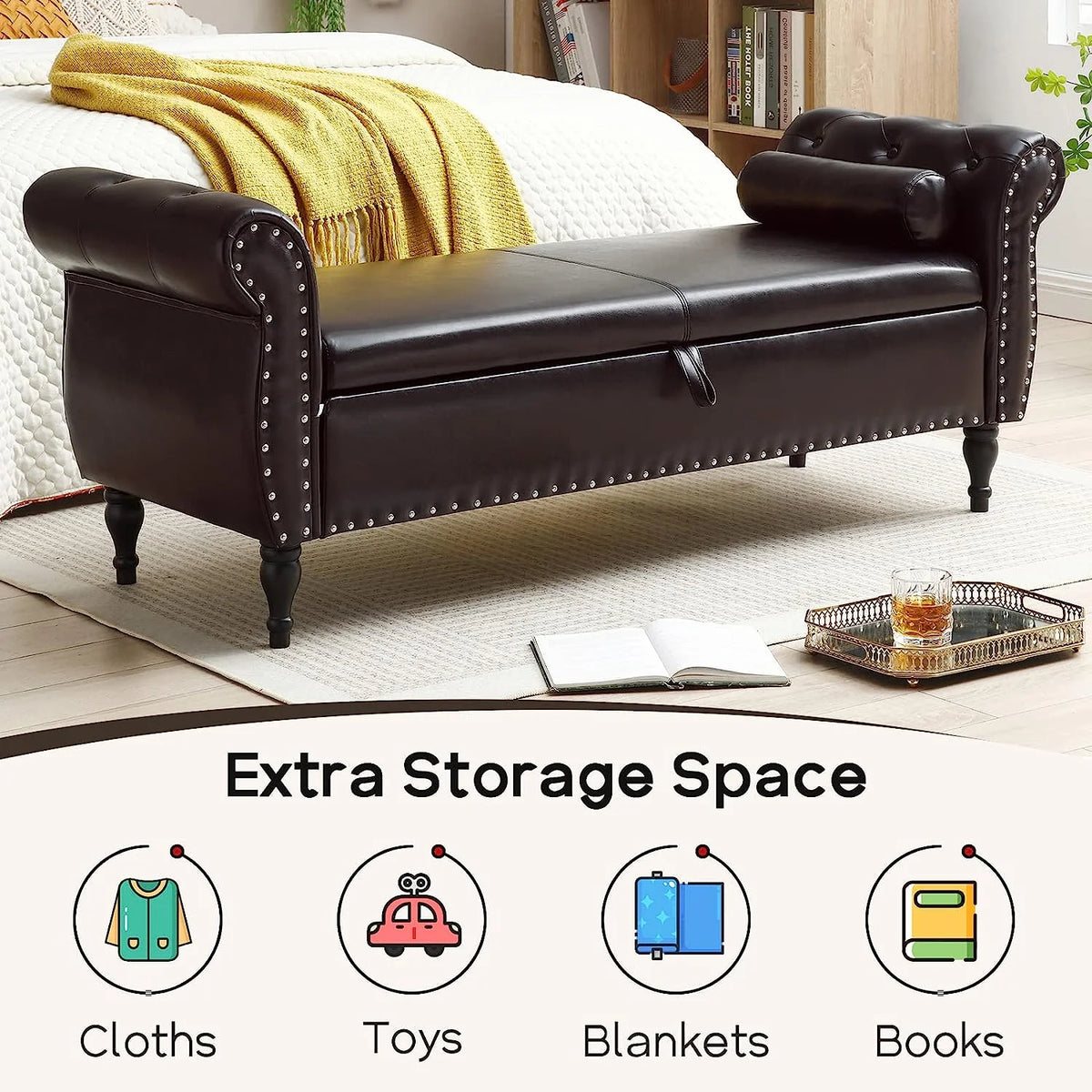 Sumdeal 43.5" Storage Ottoman Bench with 250lb Seating, Linen Upholstered Wood Legs Safety Hinge Flip Top Oval Foot Rest Long Stool for Sofa Couch Bedroom End of Bed Living Room Entryway, White