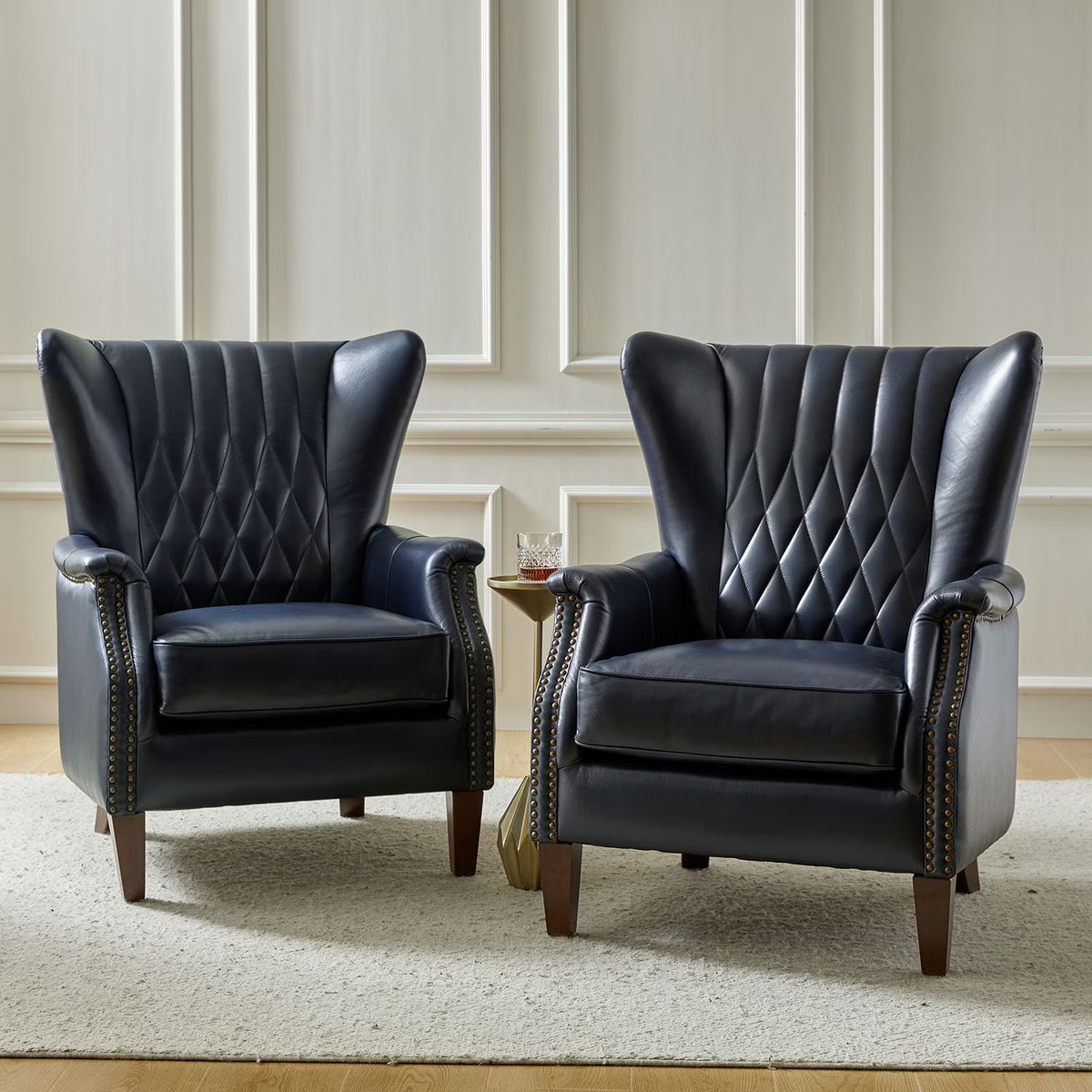 Traditional Genuine Leather Accent Chair with Nailhead Trim Tufted Armchair for Living Room Camel