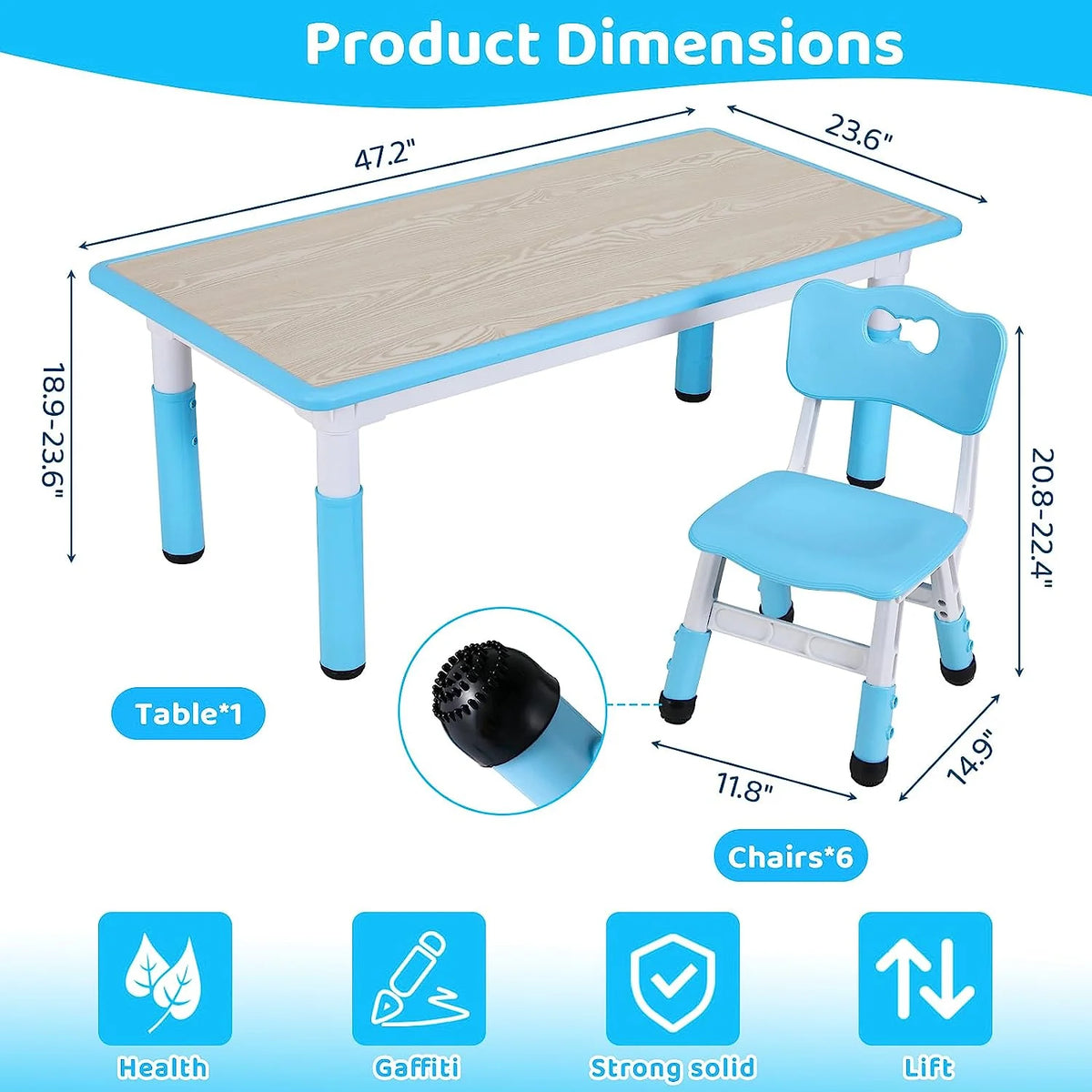 Arlopu Adjustable Kids Table and 6 Chairs Set, Toddler Play Activity Table Set with Graffiti Tabletop, Preschool Kids Furniture Table Set for Reading, Drawing, Eating