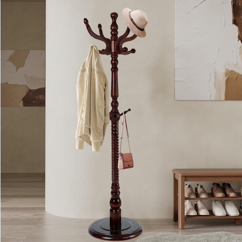 Coat Rack Freestanding, Hall Tree with 11 Hooks, Heavy Duty Wooden Coat Tree Stand, Adjustable Height, Sturdy Base for Bedroom Hallway Office - Load 270lbs