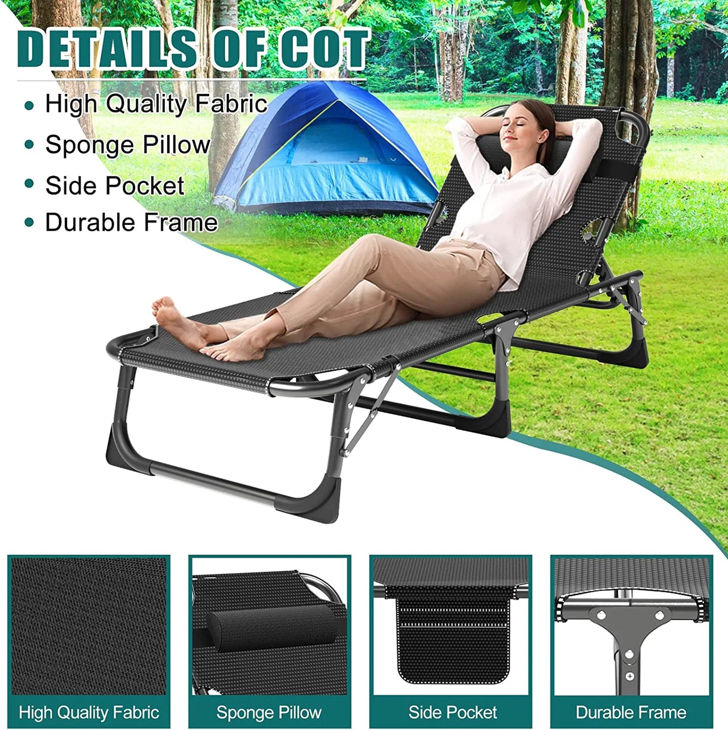 Slsy Folding Lounge Chair, 5-Position Adjustable Outdoor Reclining Chair, Folding Sleeping Bed Cot, Folding Chaise Lounge Chair for Pool Beach Patio Sunbathing